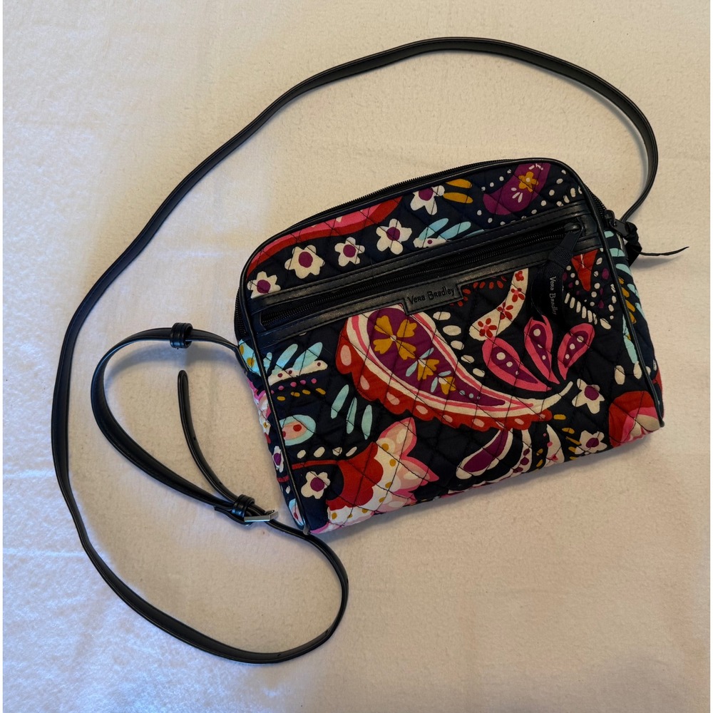 Vera Bradley Quilted Paisley Floral Triple Zip Crossbody Bag Navy Pink